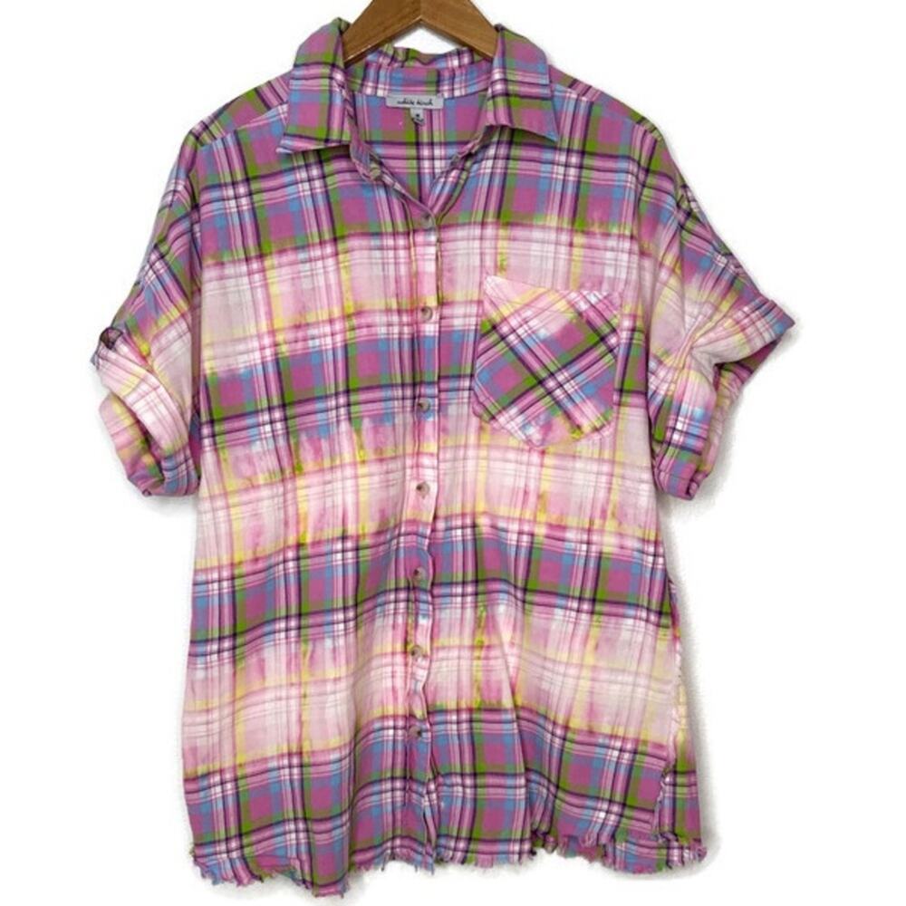 White Birch Womens Plaid Short Sleeve Frayed Tunic Top Size Medium Colorful - Picture 3 of 12